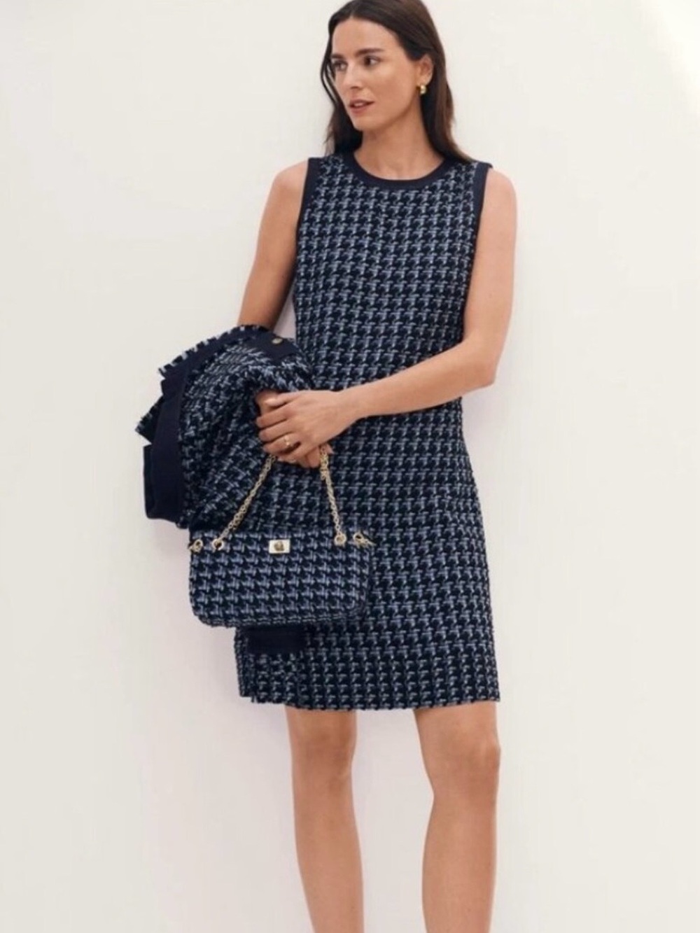 Ann Taylor Navy and White Houndstooth Sleeveless Shift Dress